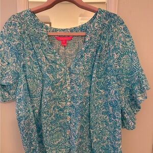 Lilly Pulitzer Aqua and White Linen Blouse
